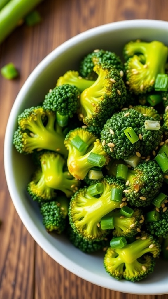 A bowl of air fryer broccoli stir fry garnished with sesame seeds and green onions on a wooden table.